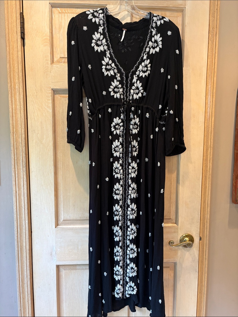 Free People Black Fable Maxi Dress with White Floral Embroidery Size L